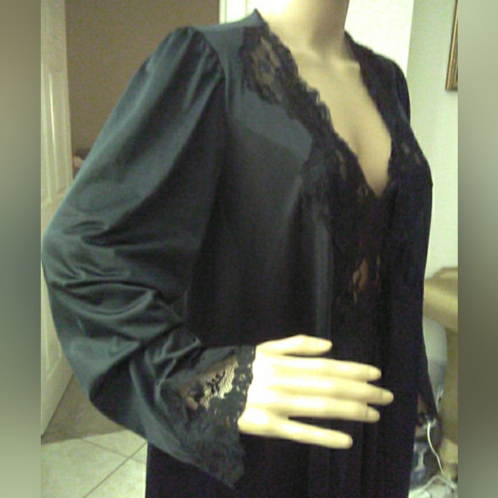 VINTAGE 1980s LORRAINE LINGERIE SET Luxurious Black Lace MAXI W/ ROBE PTP 15-19 - Picture 7 of 16